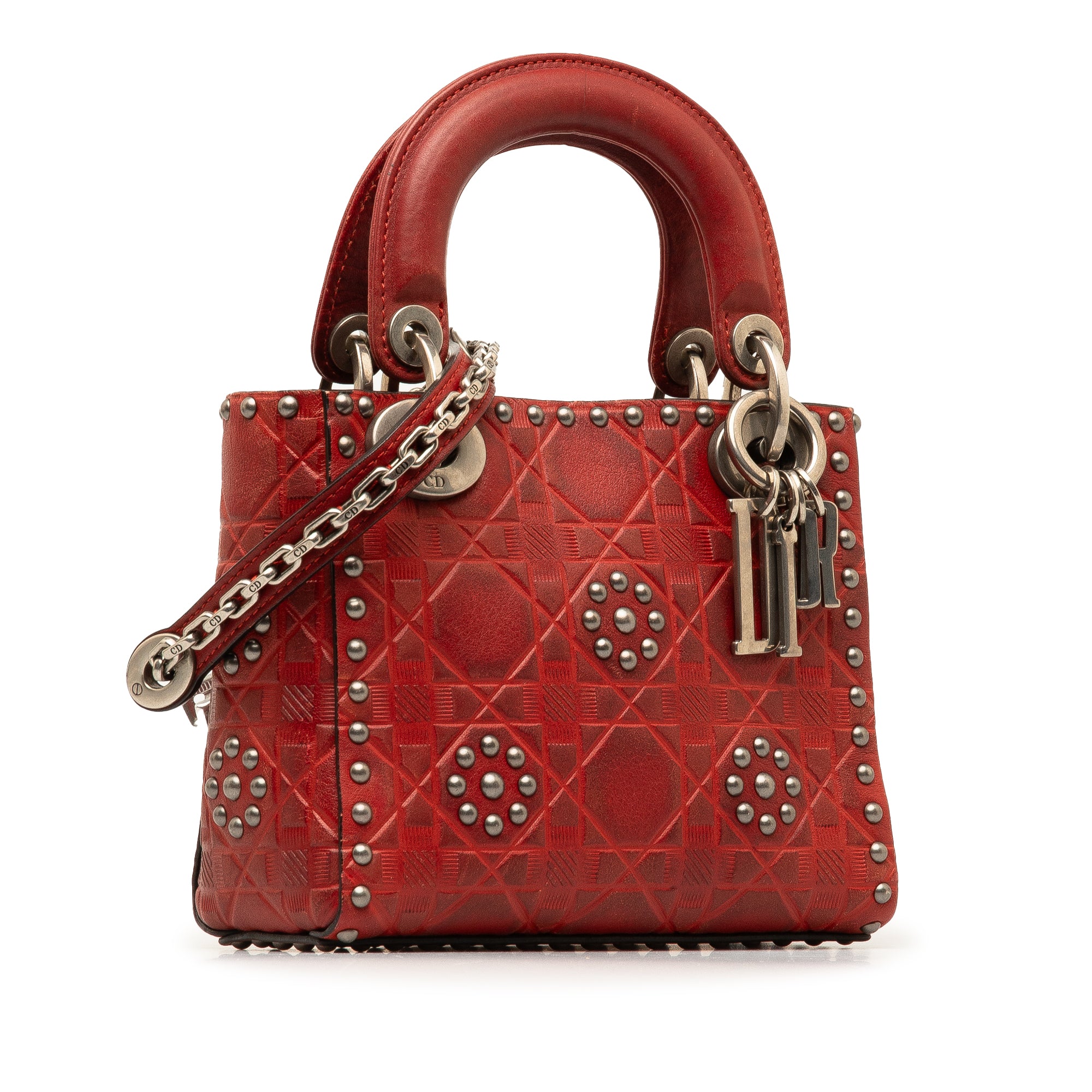 Dior | Pre-Owned Mini Embossed Calfskin Cannage Studded Flower Lady | Red