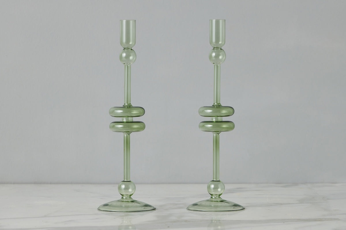 Glass Candlestick | Sage | Large | Set of 2