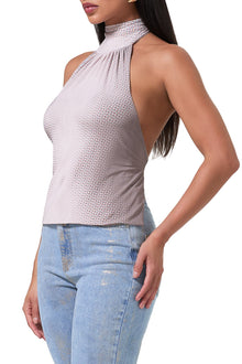 women's halter shape top with adjustable tie back in nude illusion print