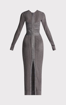 Variegated Rib Draped Metallic Gown | Metallic Gunmetal