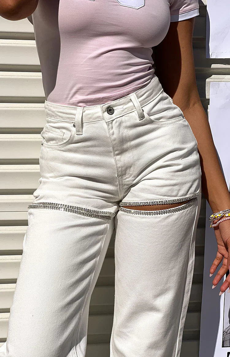 Gem Diamante Trim Wide Leg Denim Jeans | White