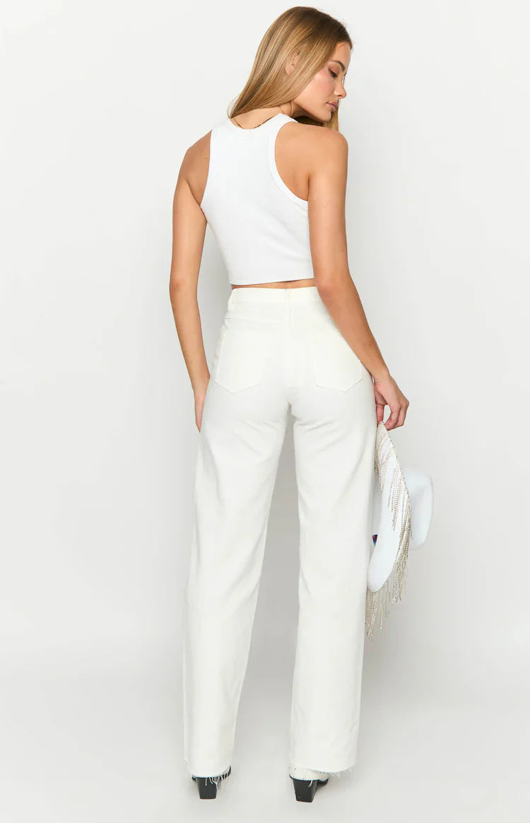 Gem Diamante Trim Wide Leg Denim Jeans | White