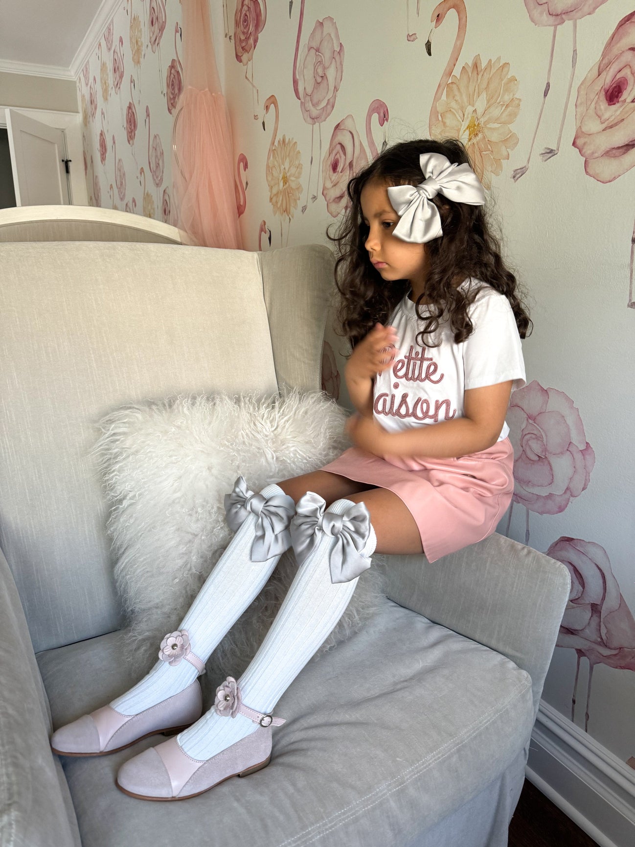 Girl | Abigail Satin Bow Socks | White x Silver