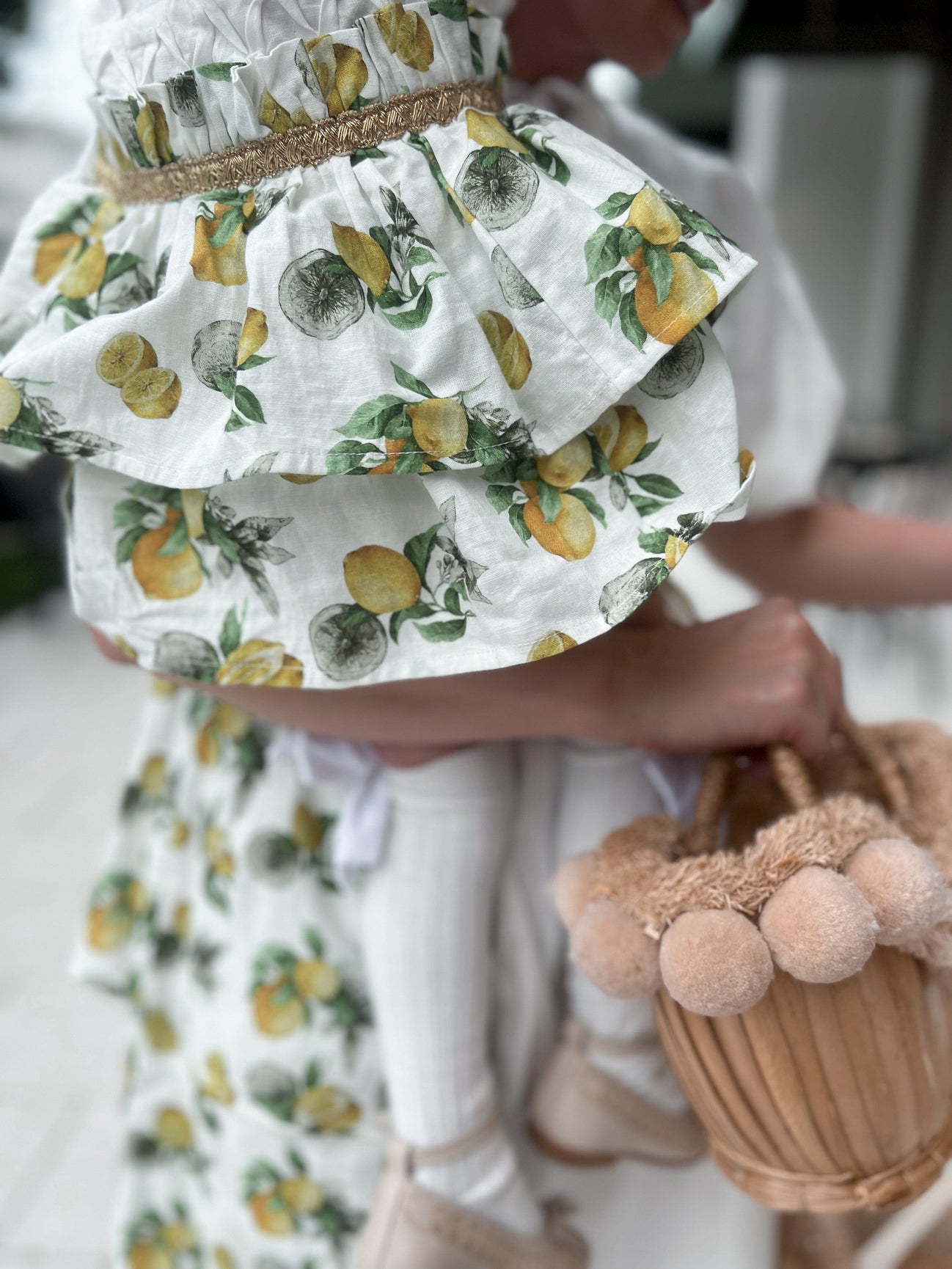 Girl | Amalfi Lemon Print Linen Romper | White x Green x Yellow