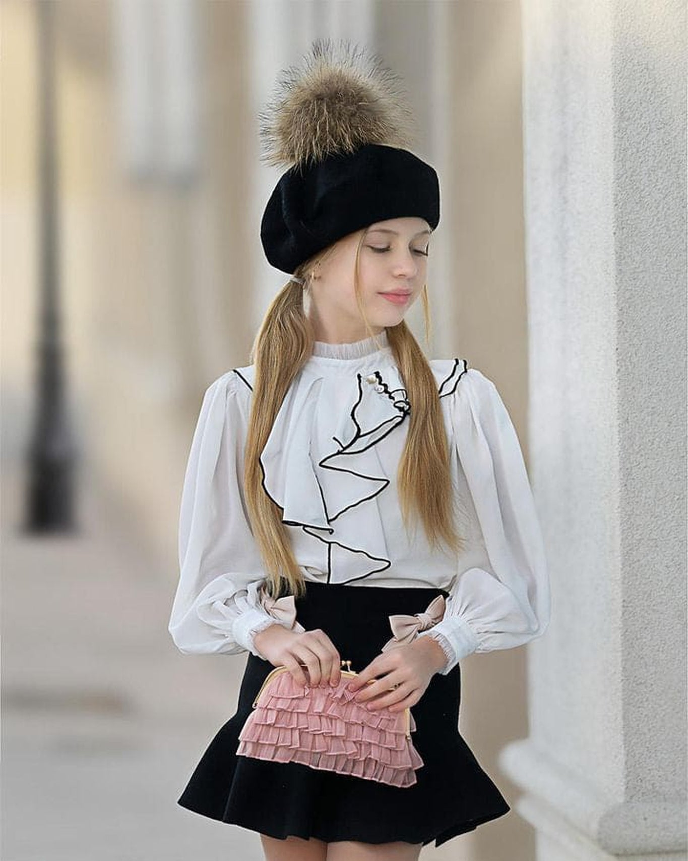 Girl | Gwen Blouse With Ruffle Trim | White x black