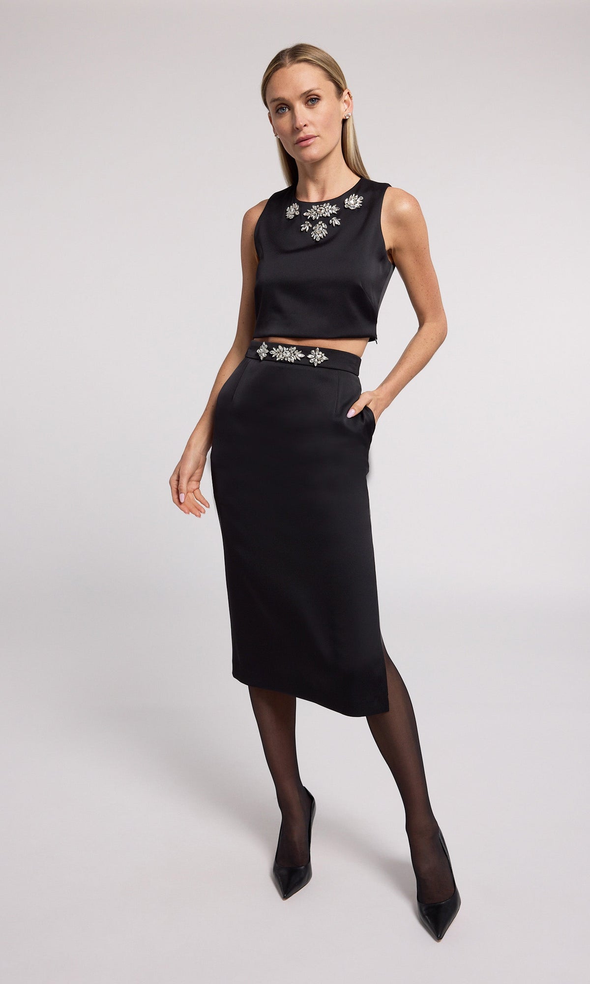 Kori Crystal Embellished Satin Skirt | Black/Clear