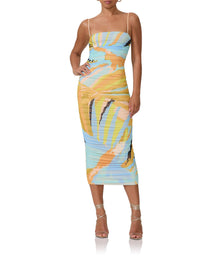 women's fitted mesh knit midi length dress with all over ruching and adjustable straps in bird of paradise print