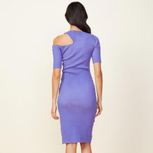 Back view of model wearing the sweater rib cut out dress in aster purple.