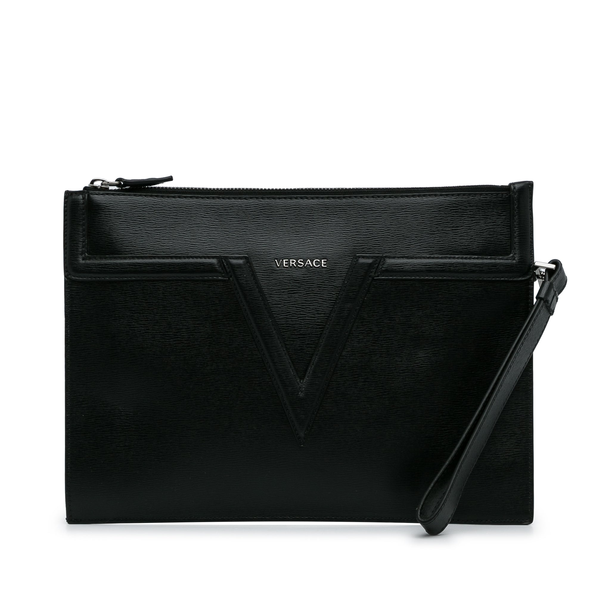 Versace Pre-Owned V Logo Leather Clutch | Women | Black