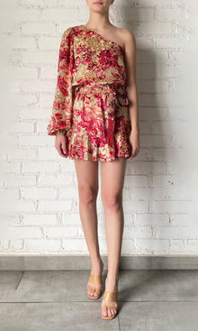 Hemant And Nandita | Aafa Velvet Brasso Short Dress With Belt | Red/Beige