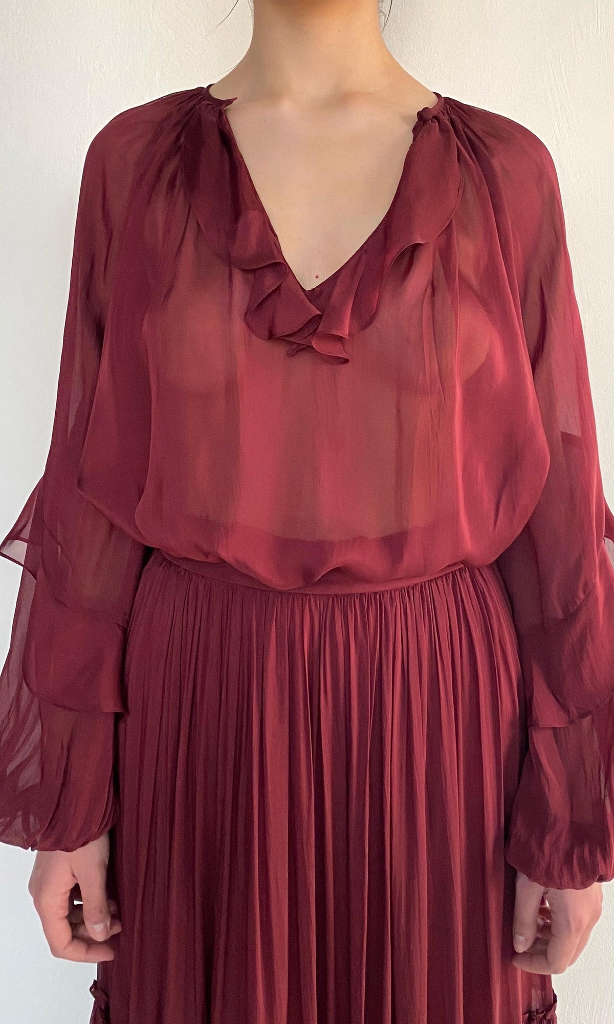 Hemant And Nandita | Aayu Viscose Flat Chiffon Ruffled Top | Burgundy