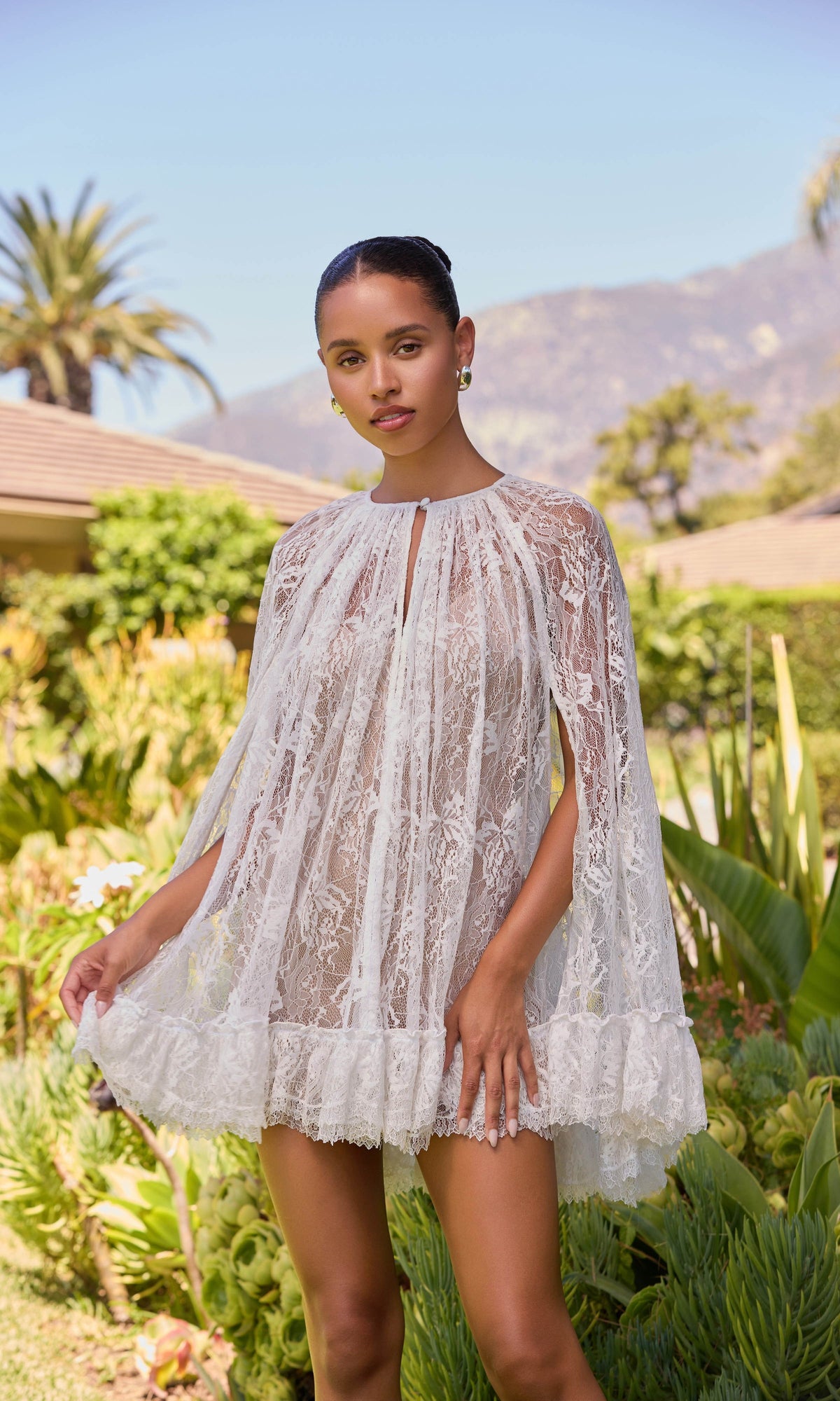 Hemant And Nandita | Adra Nylon Flower Mini Cape With Slip | Off White