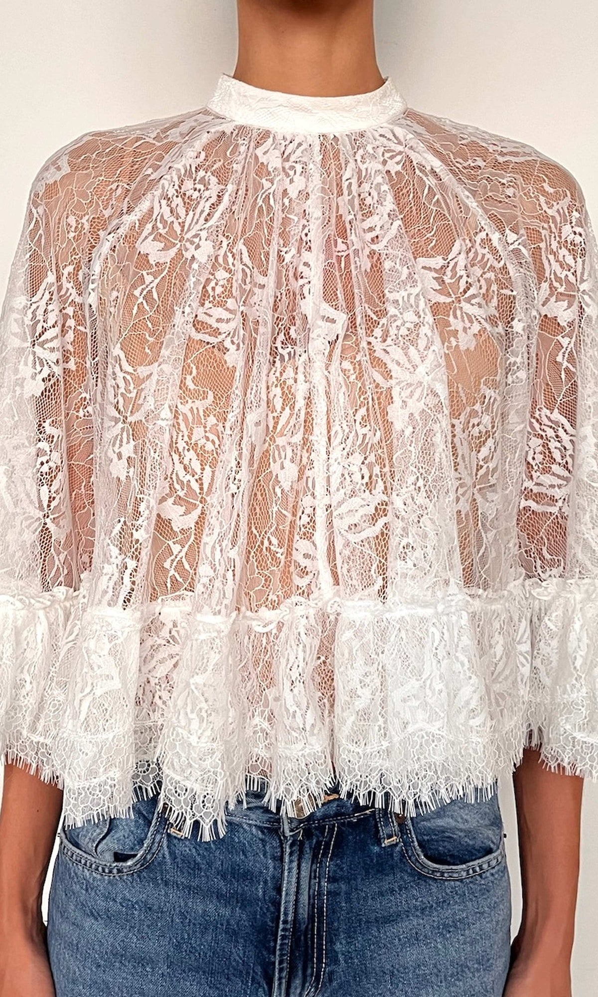 Hemant And Nandita | Adra Nylon Flower Tiered Cape Top | Off White