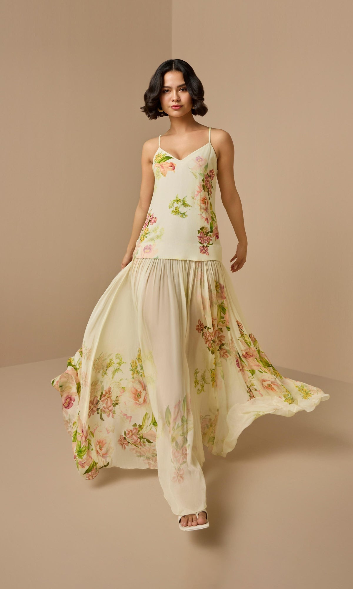 Hemant And Nandita | Aiva Viscose Crepe Heavy + Flat Chiffon Maxi Dress | Ivory Floral