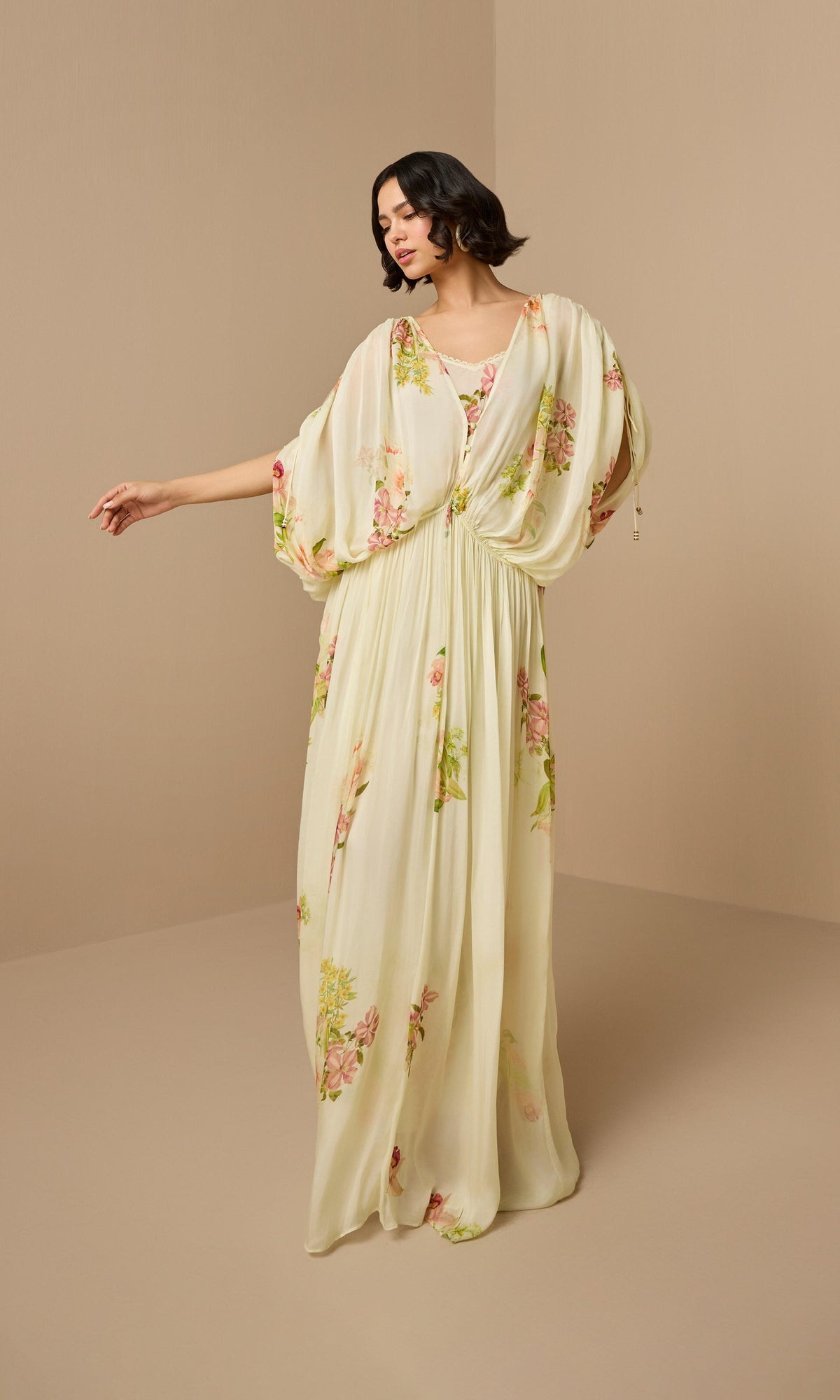 Hemant And Nandita | Aiva Viscose Flat Chiffon Ruched Waist Kaftan With Slip | Ivory Floral