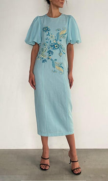 Hemant And Nandita | Amari Linen Cotton Midi Dress | Turquoise Multi