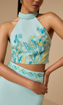 Hemant And Nandita | Amari Linen Cotton Halter Neck Top | Turquoise Multi
