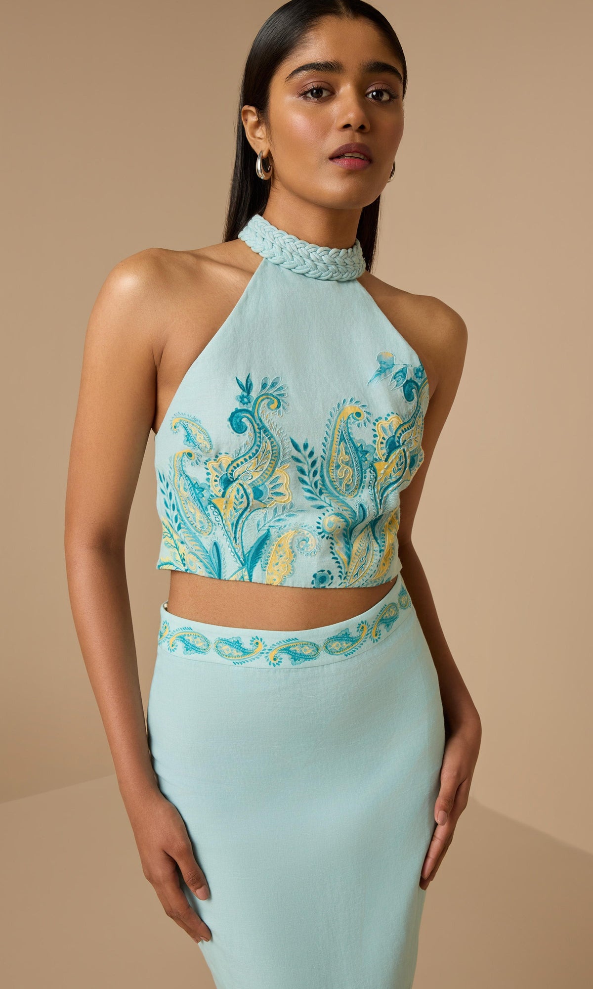 Hemant And Nandita | Amari Linen Cotton Halter Neck Top | Turquoise Multi