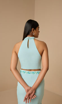 Hemant And Nandita | Amari Linen Cotton Halter Neck Top | Turquoise Multi