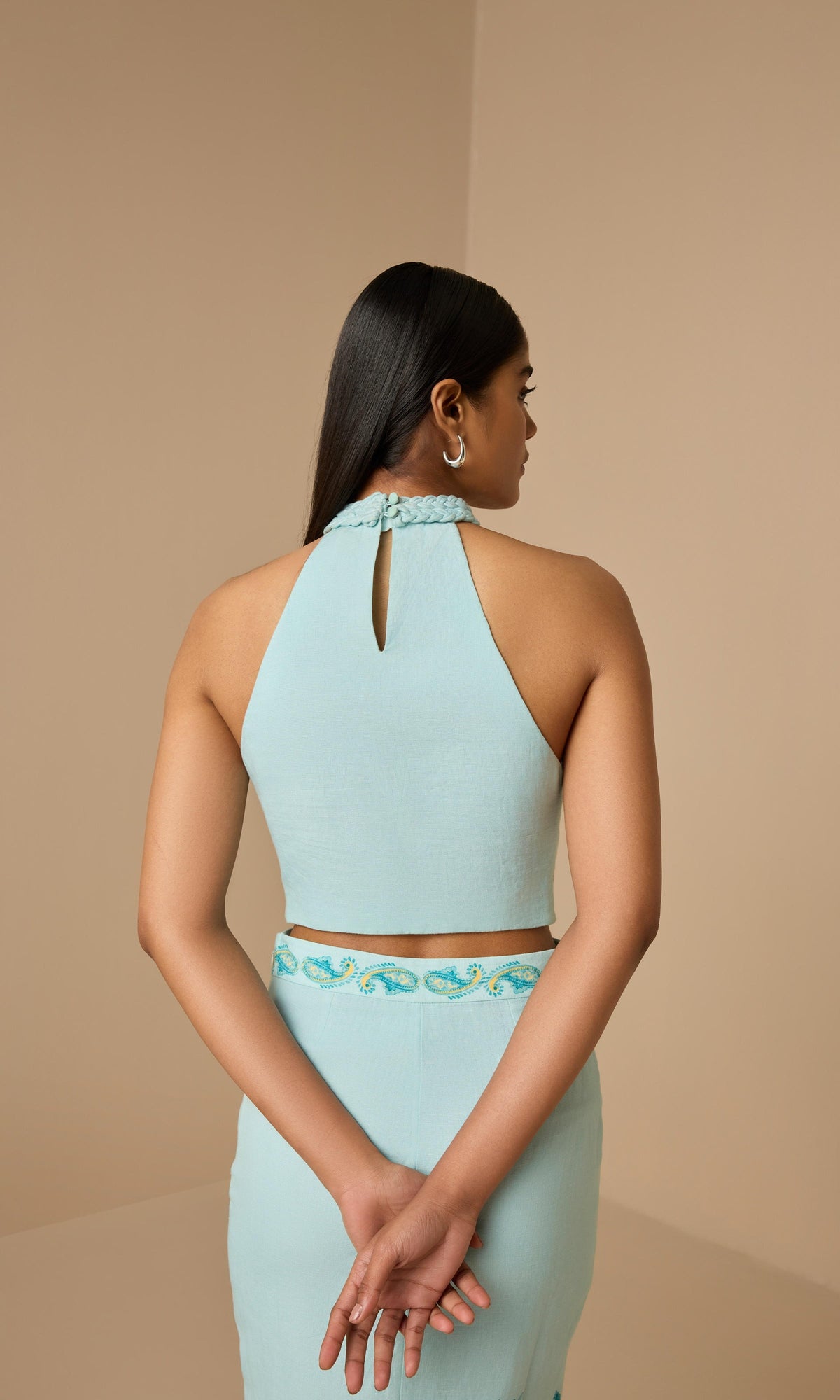 Hemant And Nandita | Amari Linen Cotton Halter Neck Top | Turquoise Multi