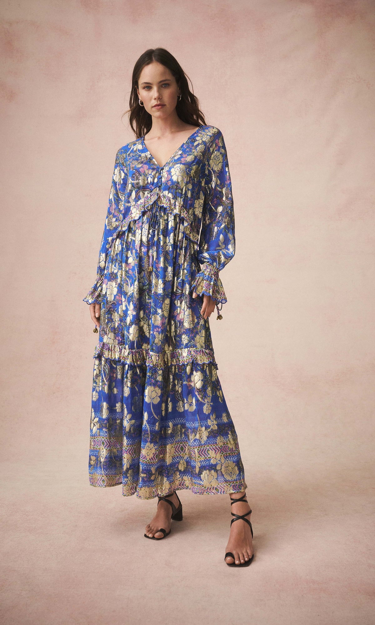 Hemant And Nandita | Amyra Viscose Georgette Gold Silver Lurex Kaftan With Slip | Cobalt Blue