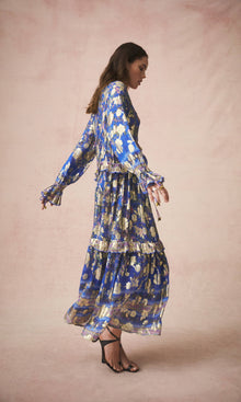 Hemant And Nandita | Amyra Viscose Georgette Gold Silver Lurex Kaftan With Slip | Cobalt Blue