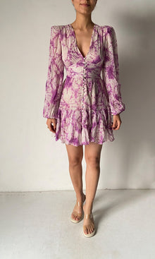 Hemant And Nandita | Anay Viscose Georgette Silver Gold Stripe Short Dress | White/Purple