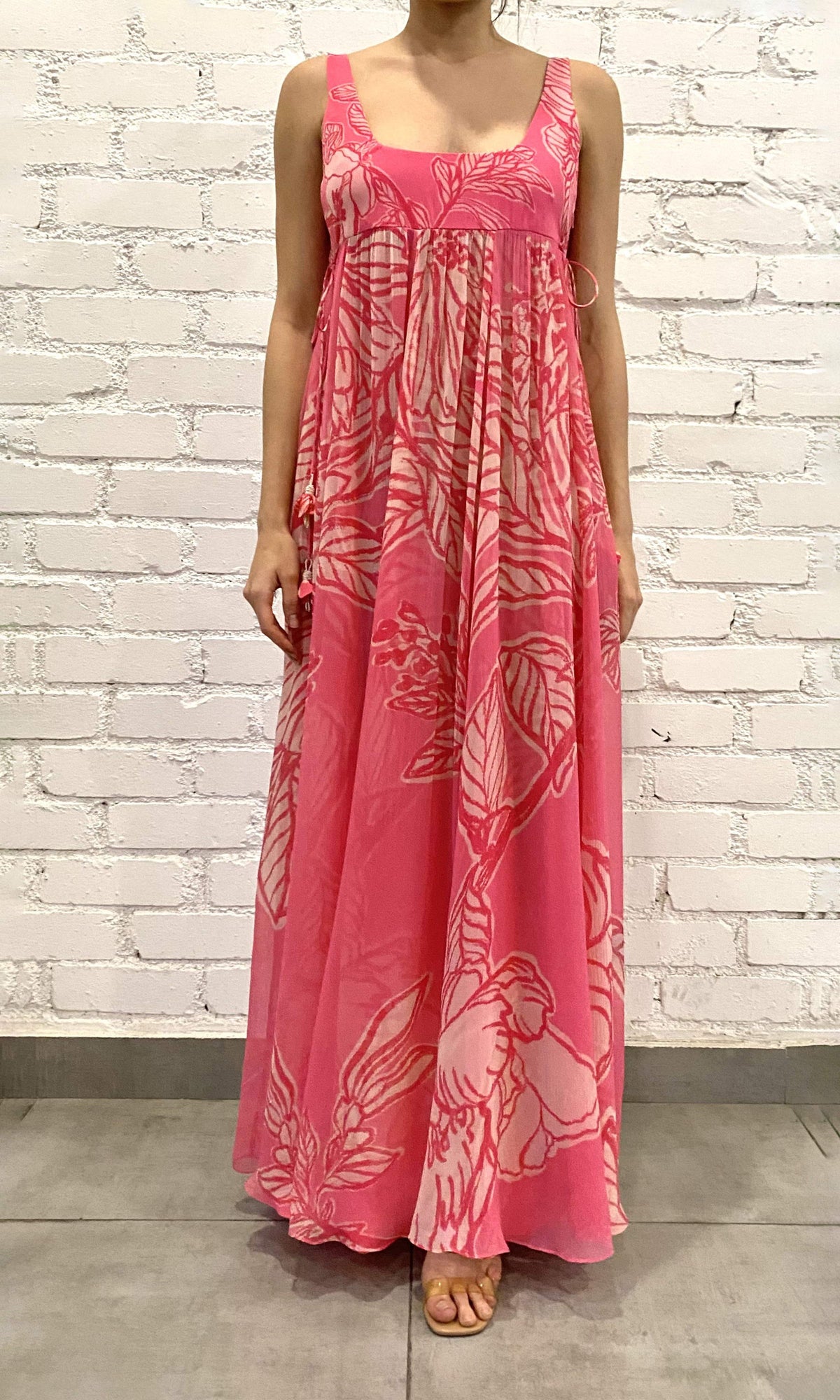 Hemant And Nandita | Asha Viscose Crinkle Chiffon Long Dress With Side Tie Knots | Pink Floral