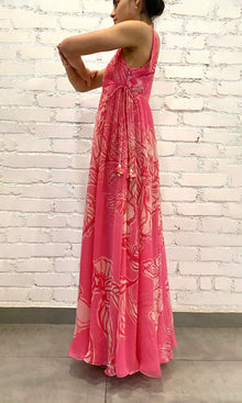 Hemant And Nandita | Asha Viscose Crinkle Chiffon Long Dress With Side Tie Knots | Pink Floral