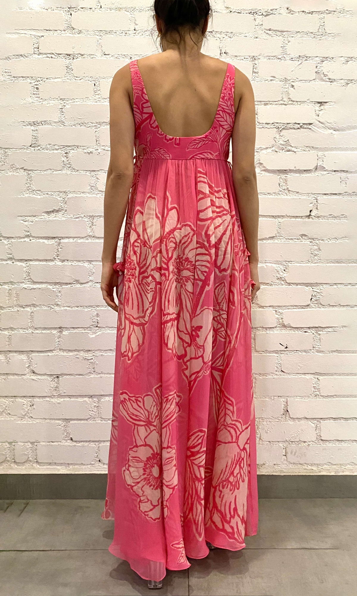 Hemant And Nandita | Asha Viscose Crinkle Chiffon Long Dress With Side Tie Knots | Pink Floral