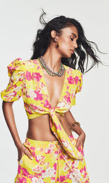 Hemant And Nandita | Auril Viscose Crepe Striped Lurex Top | Yellow