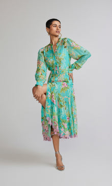 Hemant And Nandita | Azra Viscose Ggt Gold Silver Stripe Lurex Long Shirt Dress With Buckle Belt And Slip | Teal Floral