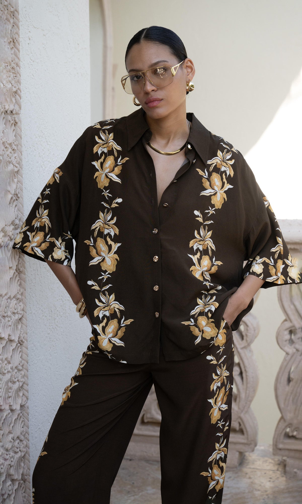 Hemant And Nandita | Bota Viscose Heavy Crepe Oversized Shirt | Brown