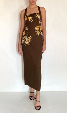 Hemant And Nandita | Bota Linen Cotton Halter Straps Ankle Length Dress | Brown