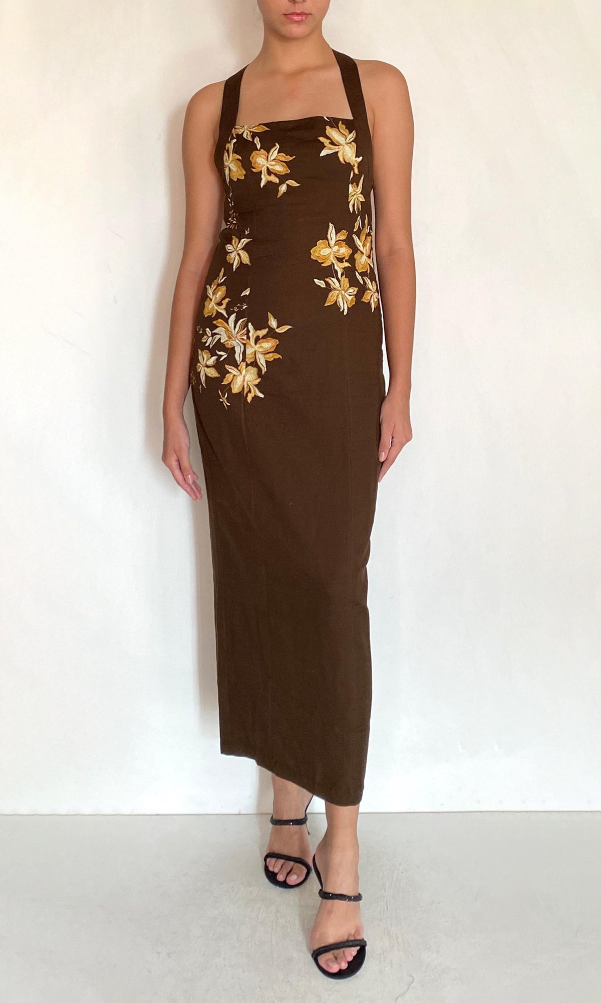 Hemant And Nandita | Bota Linen Cotton Halter Straps Ankle Length Dress | Brown