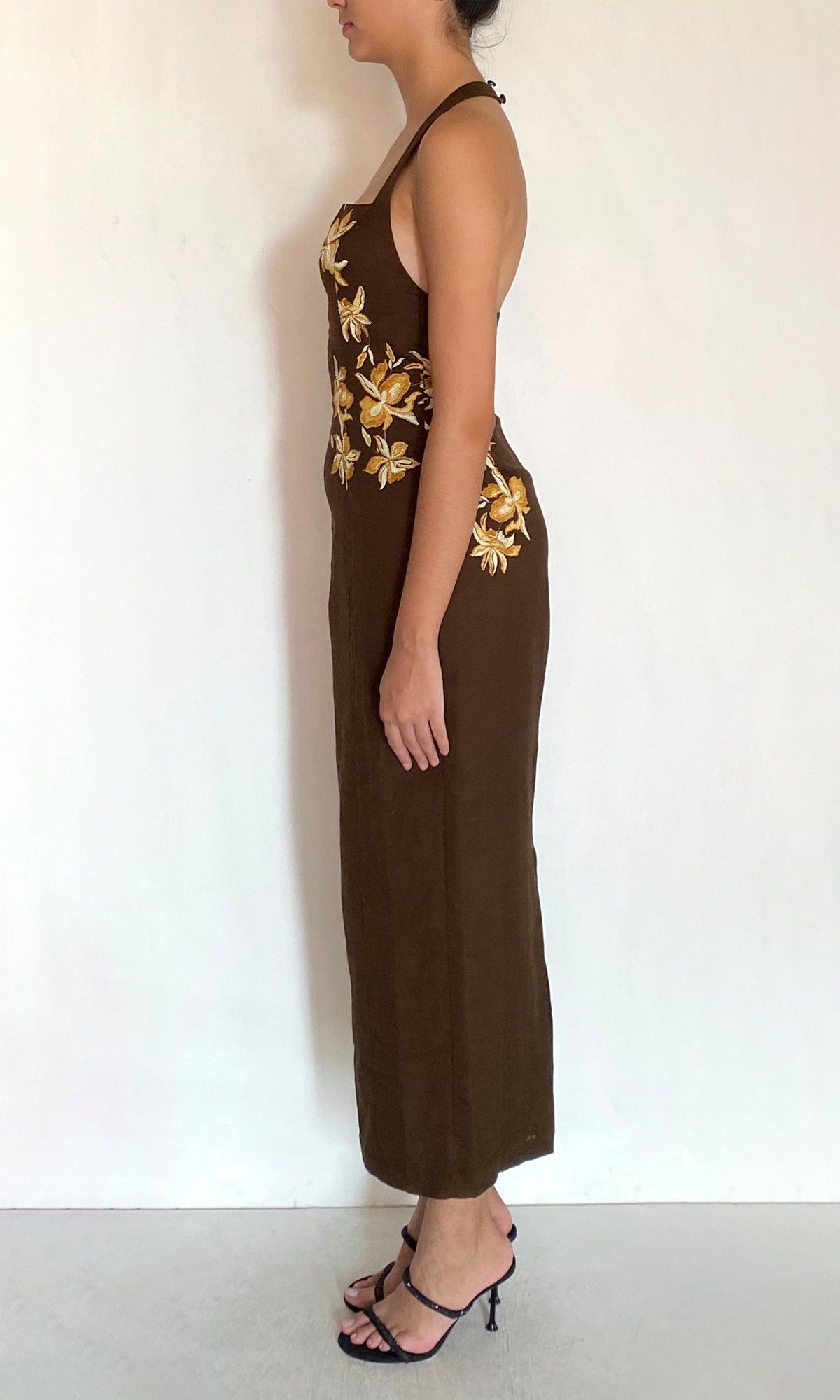 Hemant And Nandita | Bota Linen Cotton Halter Straps Ankle Length Dress | Brown