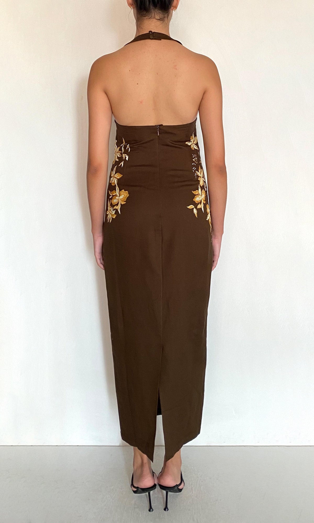 Hemant And Nandita | Bota Linen Cotton Halter Straps Ankle Length Dress | Brown