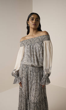 Hemant And Nandita | Chavi Viscose Flat Chiffon Tiered Maxi Skirt | Eggshell