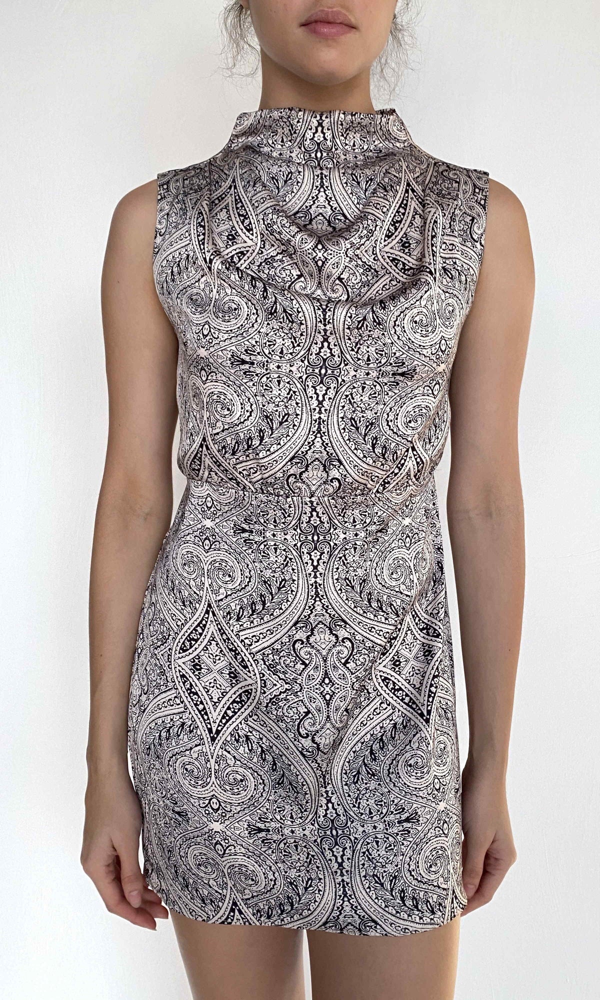 Hemant And Nandita | Chavi Polyester Double Satin Extended Neck Cowl Mini Dress | Eggshell