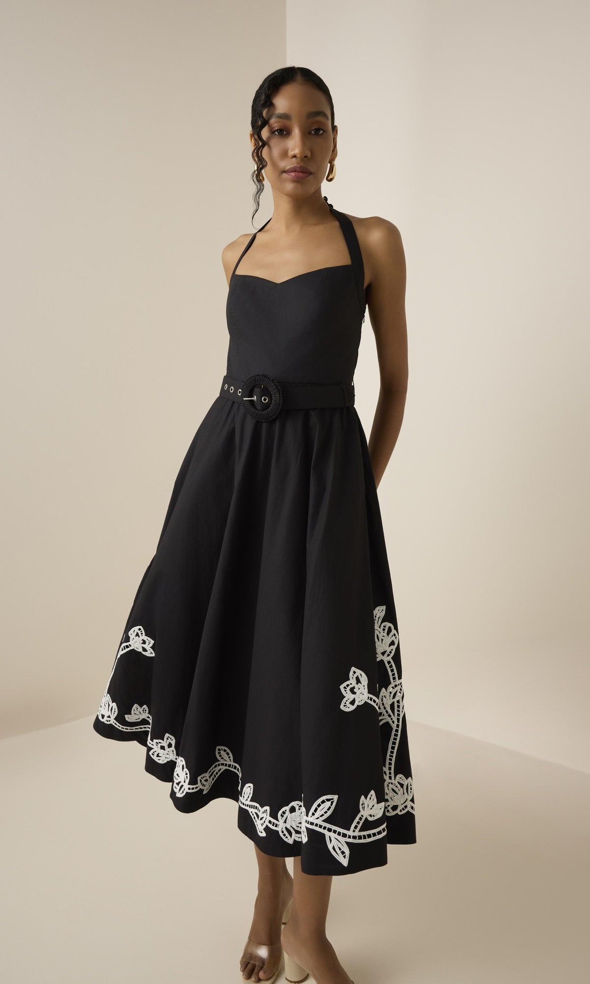 Hemant And Nandita | Daha Cotton Poplin Midi Dress With Buckle Belt | Black White