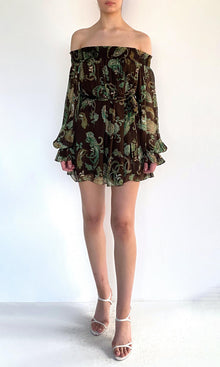 Hemant And Nandita | Dira Viscose Flat Chiffon Smocked Mini Dress | Dark Brown