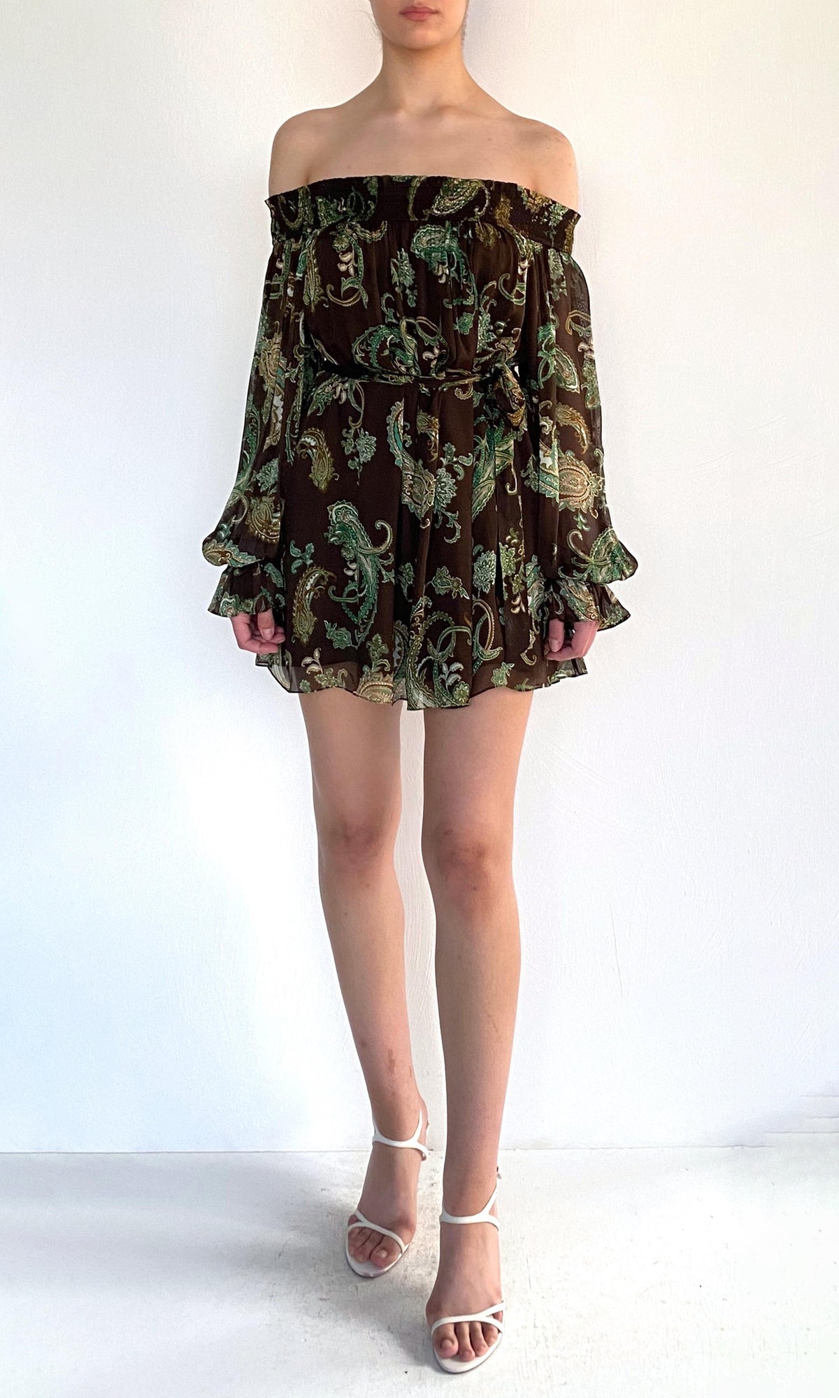 Hemant And Nandita | Dira Viscose Flat Chiffon Smocked Mini Dress | Dark Brown