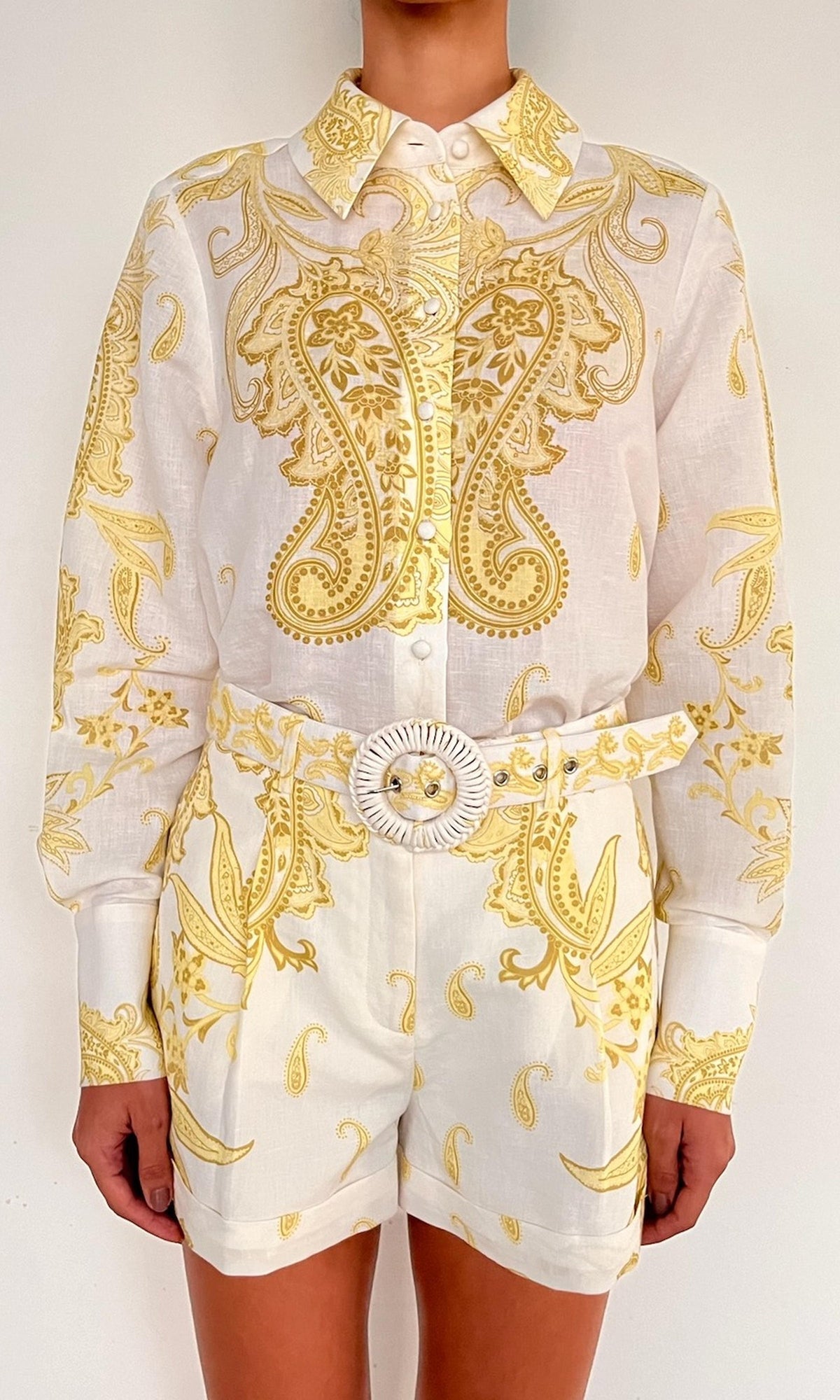 Hemant And Nandita | Fiza Cotton Shorts With Buckle Belt | White Yellow