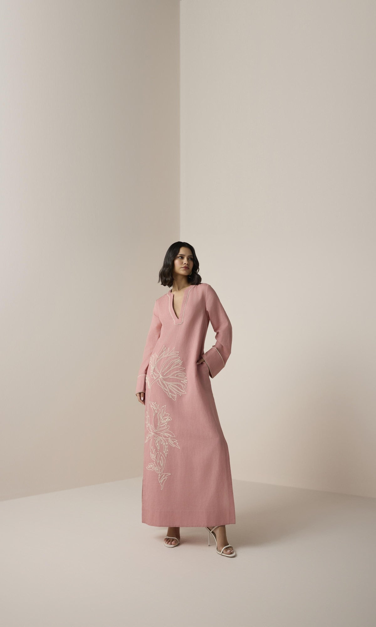 Hemant And Nandita | Gul Linen Cotton Long Kaftan | Dusty Pink