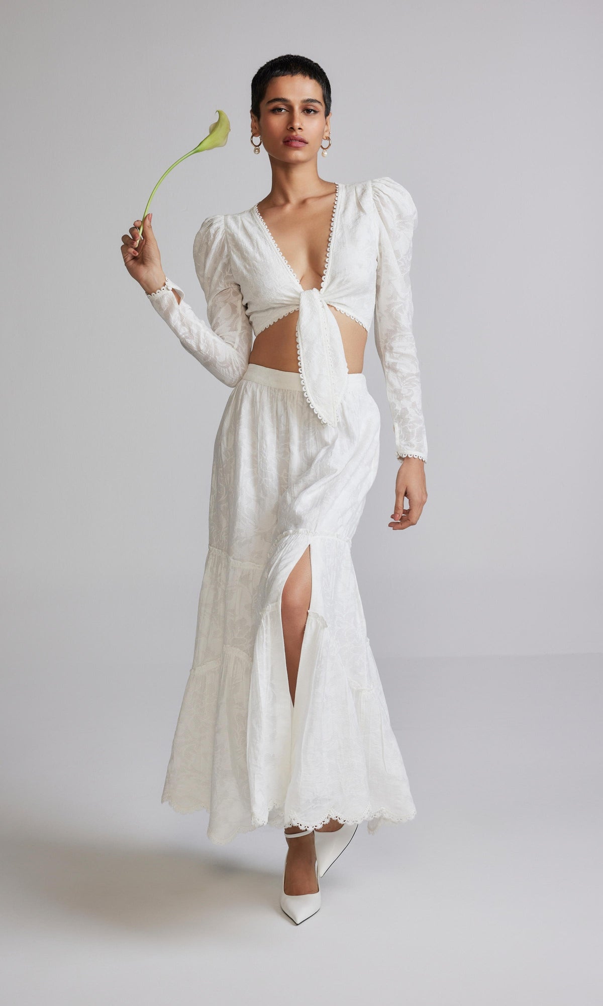 Hemant And Nandita | Ilara Nylon Jacquard Midi Skirt | White