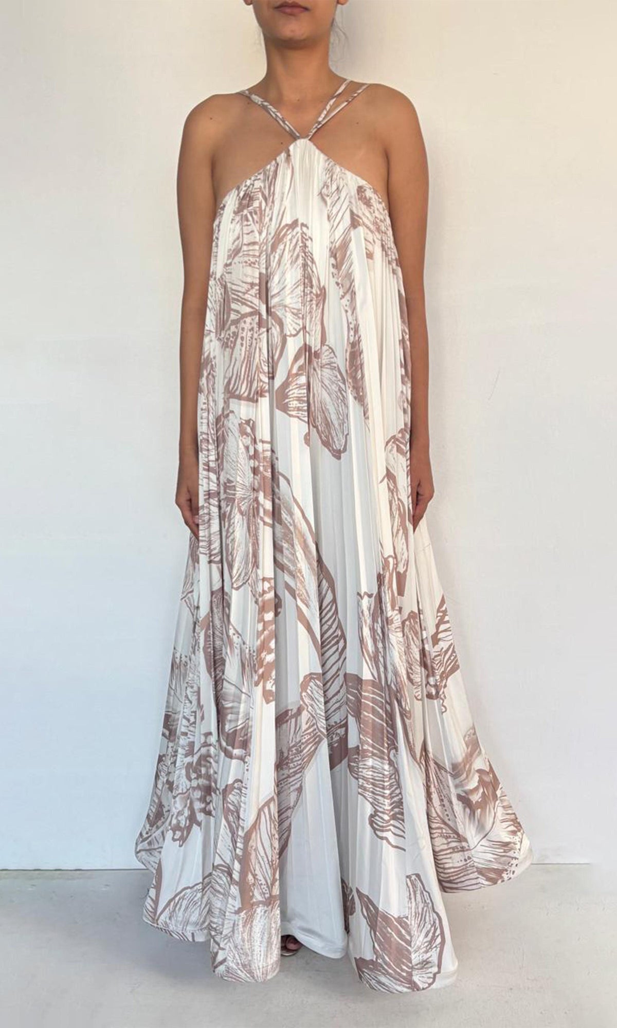 Hemant And Nandita | Ines Viscose Satin Long Dress | Beige White