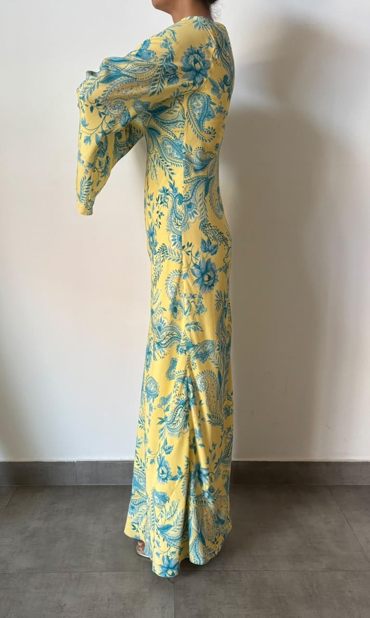 Hemant And Nandita | Inv Viscose Heavy Crepe Boat Neck Long Dress | Yellow Multi