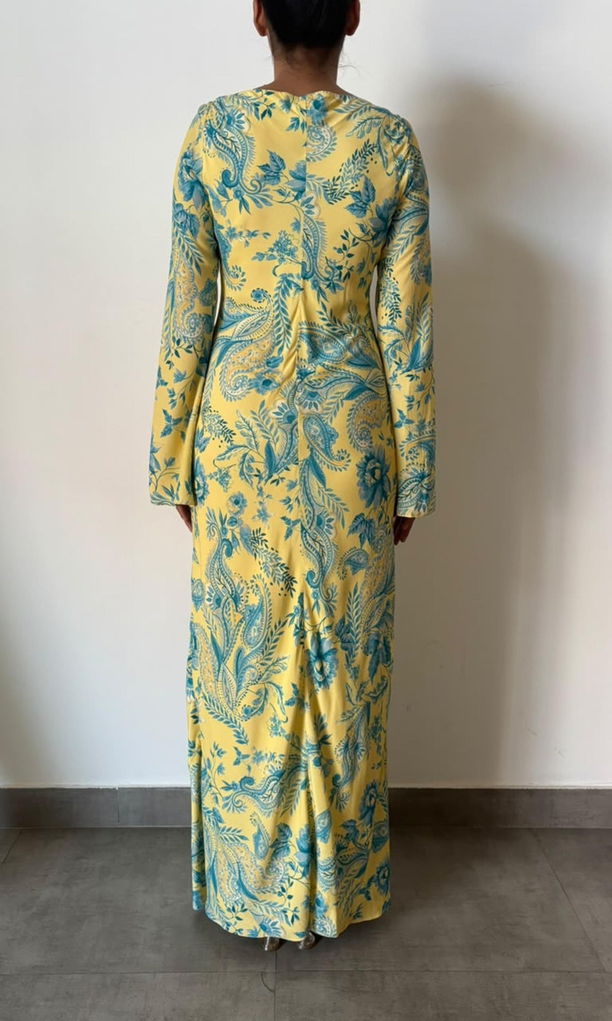 Hemant And Nandita | Inv Viscose Heavy Crepe Boat Neck Long Dress | Yellow Multi