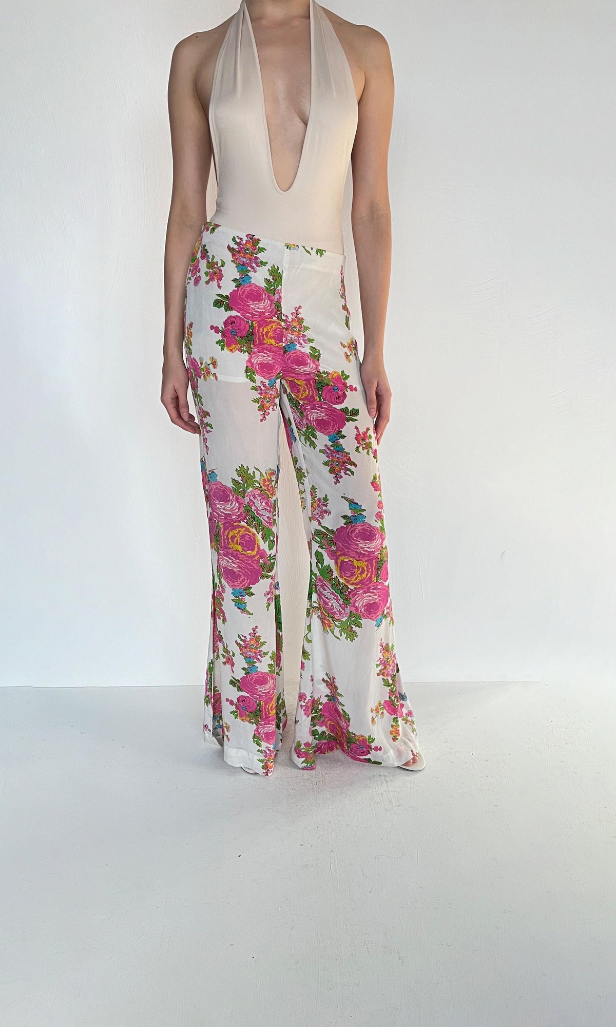 Hemant And Nandita | Inv Polyester Satin Lycra Floral Pants | White