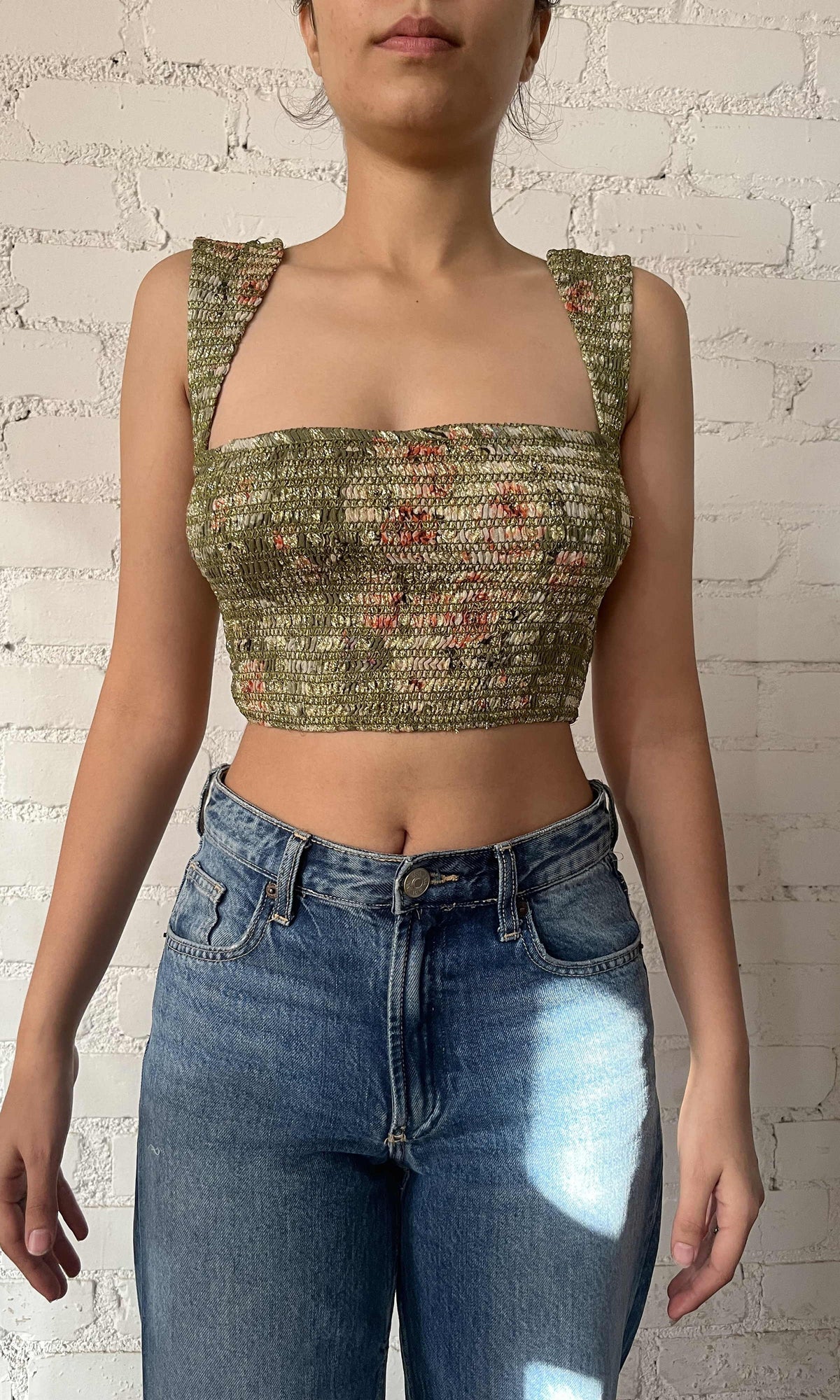 Hemant And Nandita | Inv Viscose Georgette Floral Lurex Top | Green